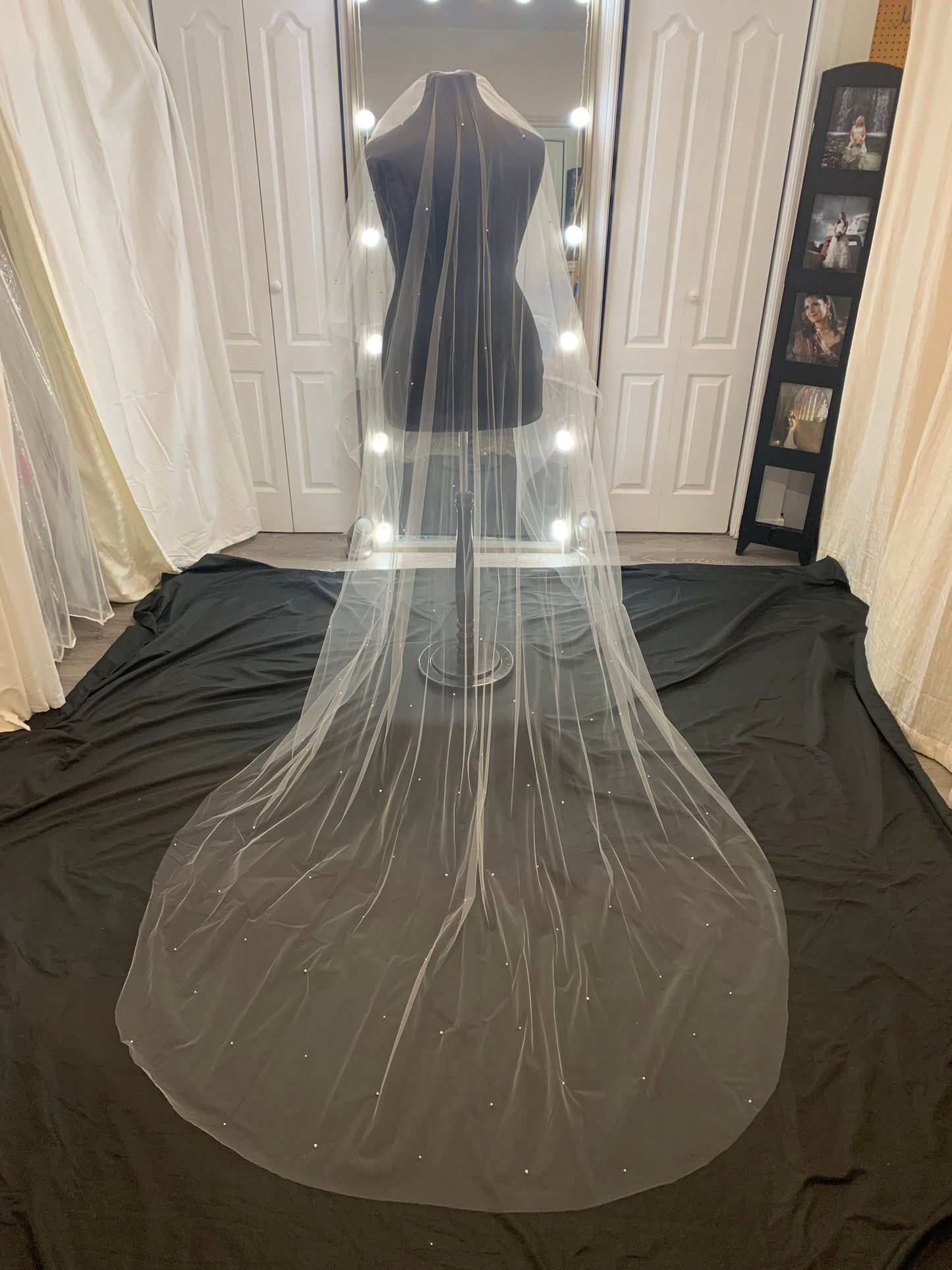 Veil 510a: Cut Edge Chapel Veil with Scattered Pearls