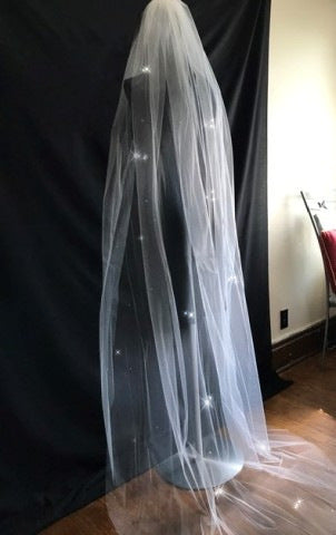 Veil 510b: Cut edge chapel veil with scattered Swarovski crystals