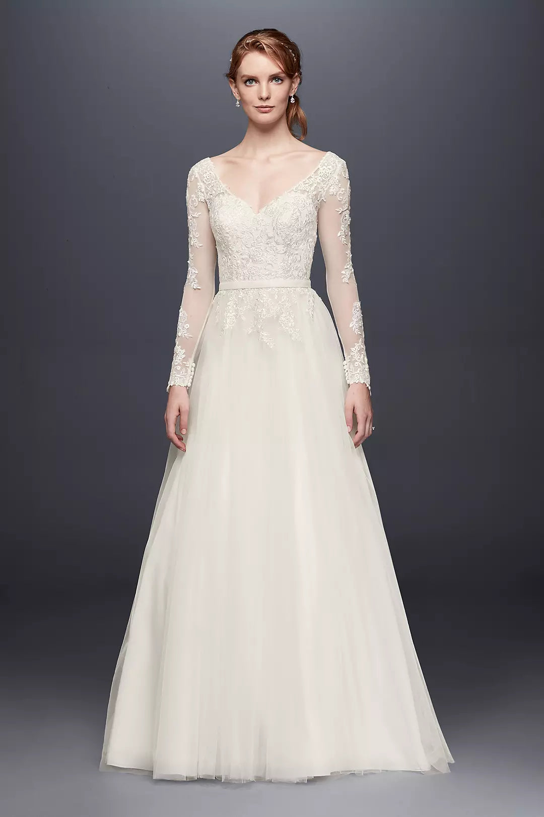 Bridal Couture Davids Bridal Wg3831 Illusion Long Sleeve High Neck Crepe Wedding Dress David's Bridal Bridal Couture Davids Bridal Wg3831 Illusion Long Sleeve High Neck Crepe Wedding Dress David's Bridal