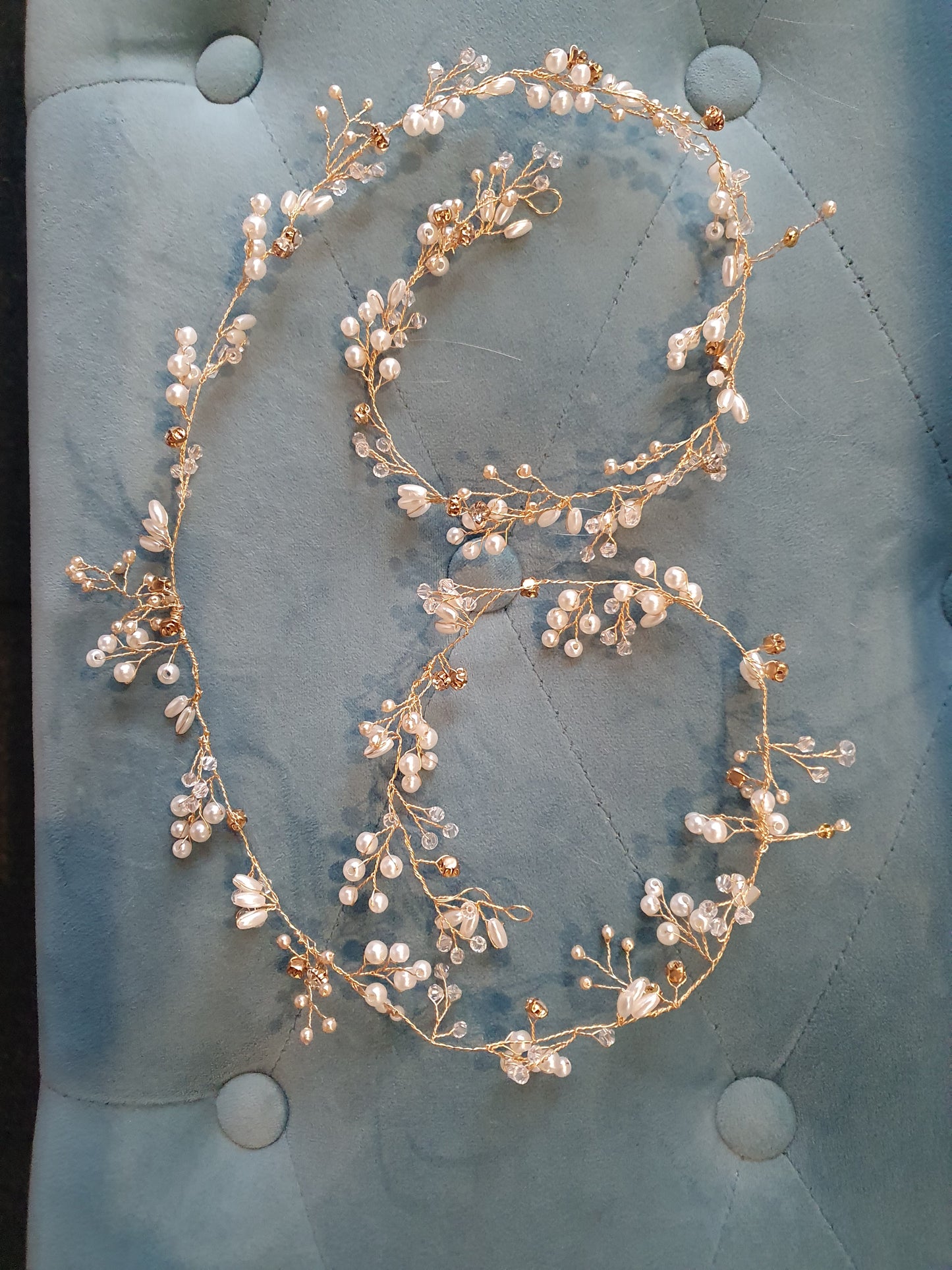 Long Gold, pearl and crystal hair vine