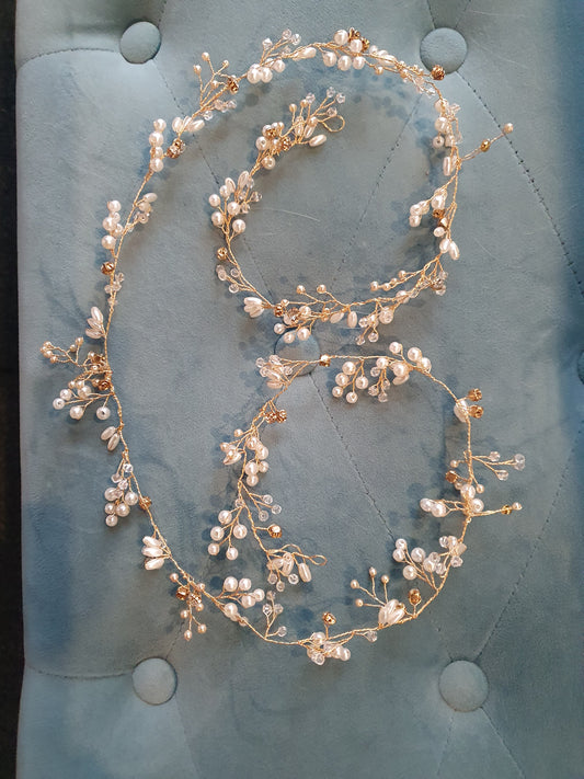 Long Gold, pearl and crystal hair vine