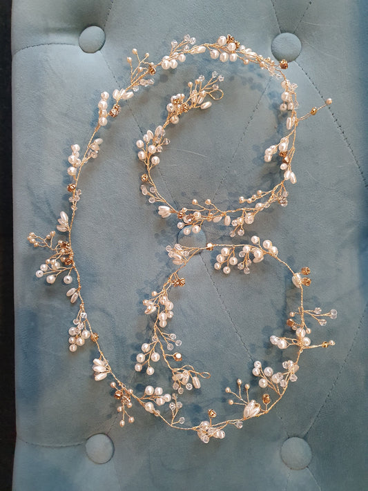 Long Gold, pearl and crystal hair vine